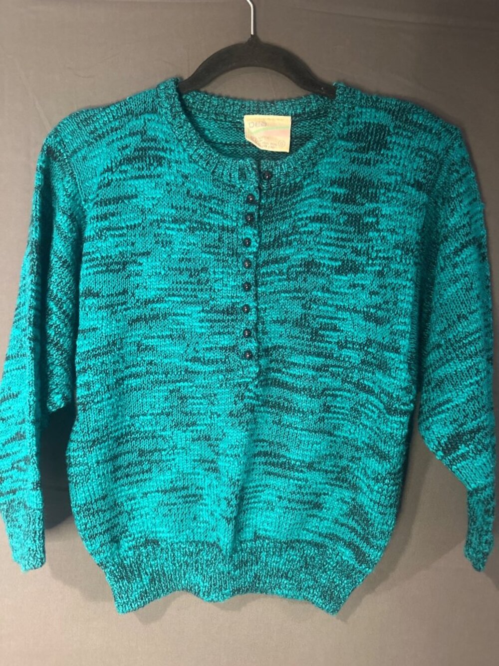 Vintage DEB S Teal Black Marled Henley Sweater 90s Grandmacore Whimsigoth Boho